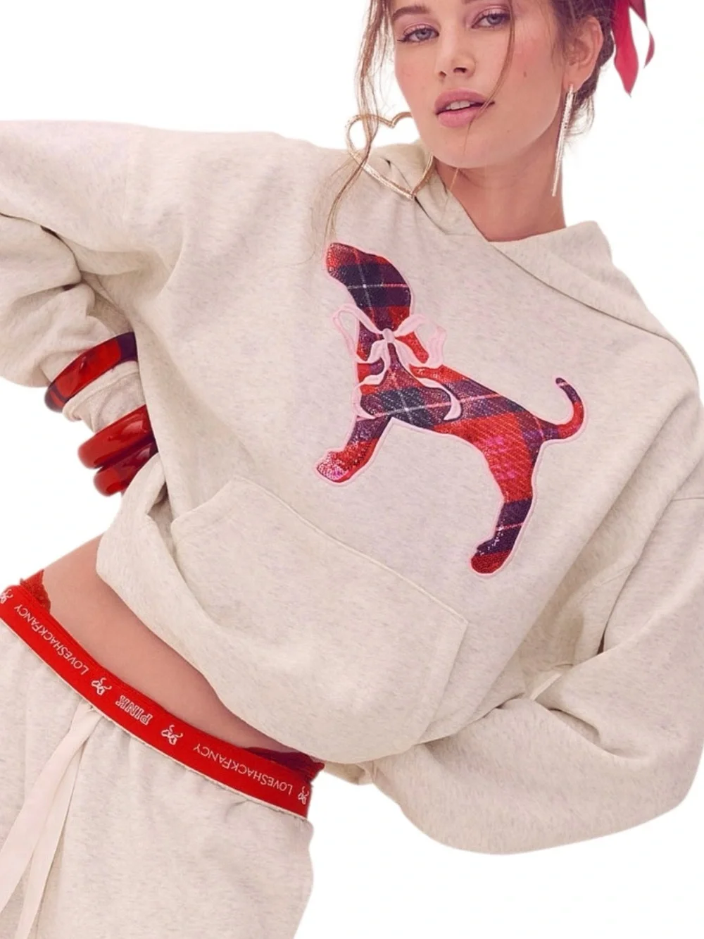 PINK Victoria's Secret Cream Hoodie with Red Plaid Dog Appliqué